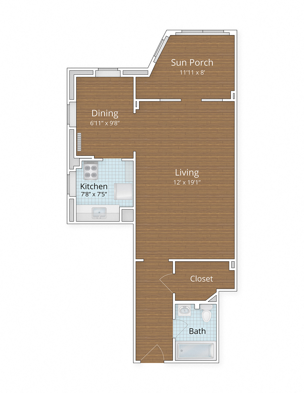 Floor plan for studio, 1 bath, 632 sqft